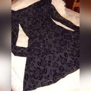 wild fable Black Floral Velvet Fit & Flare Long Sleeve Dress, Size XS